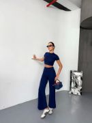 Osy Modal Yumuşak Dokulu Kumaş Kısa Kollu Crop Alt Ispanyol Paça Pantalon Ikili Takım - Lacivert resmi